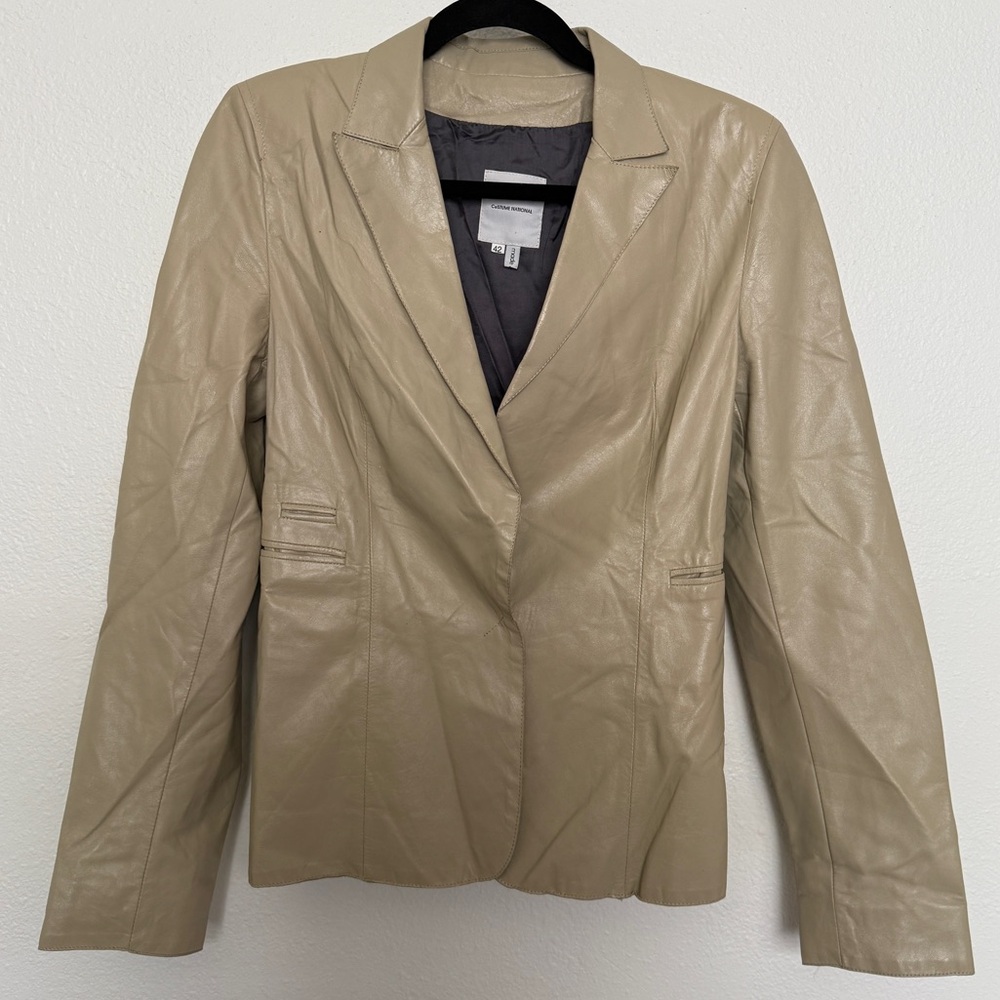 Costume National Cream Beige Leather Tailored Blazer Jacket Size 42
